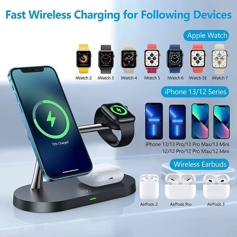 3 In 1 Wireless Magnetic Charger Stand | Fast & Safe Charging | Sleek Space-Saving Design Wireless Chargers 3 in 1 air pods apple watch clock fast charger iphone light indication magnetic magsafe New arrival table clockdigital wireless charger {{ product_collections }} {{ product_description }}