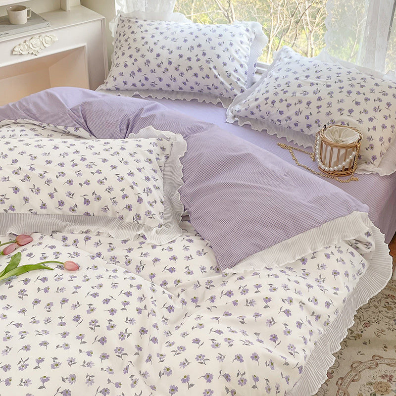 Washed Cotton Small Floral Quilt Cover, Four Piece Bed Sheet Set Little Beautiful Purple Bed Sheets bed sheet bed sheet set cotton towels duvet cover floral home