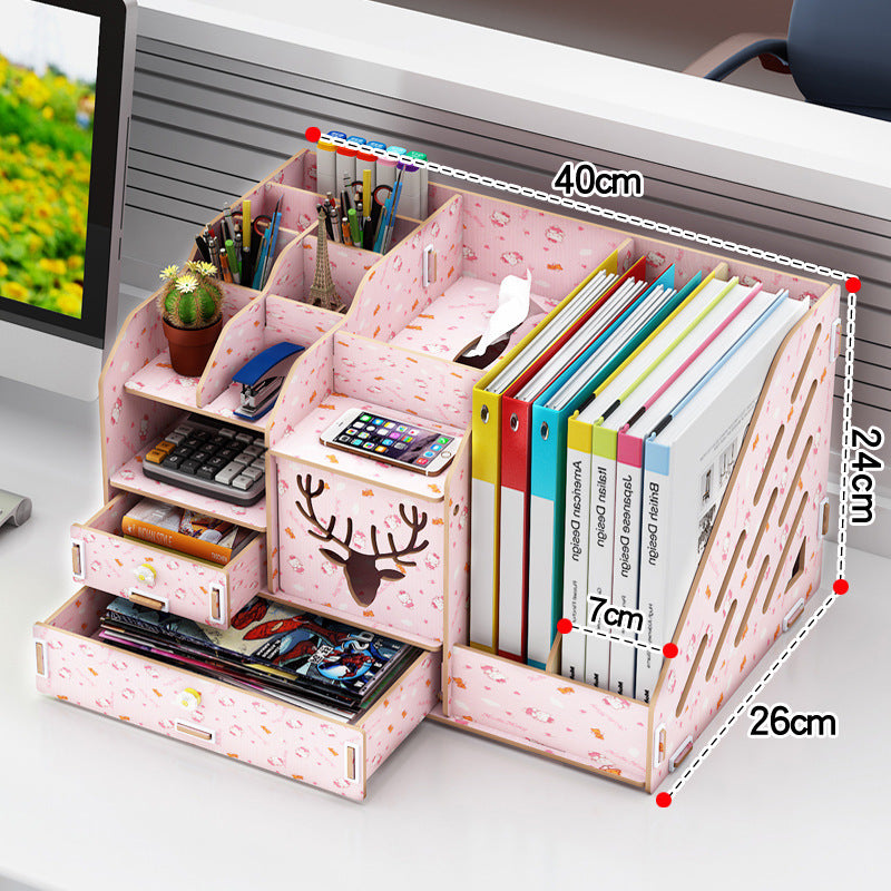 Wooden Storage Box Multifunctional Household Cosmetics Storage Rack Pink Storages & Racks books desk home organizer storage study table