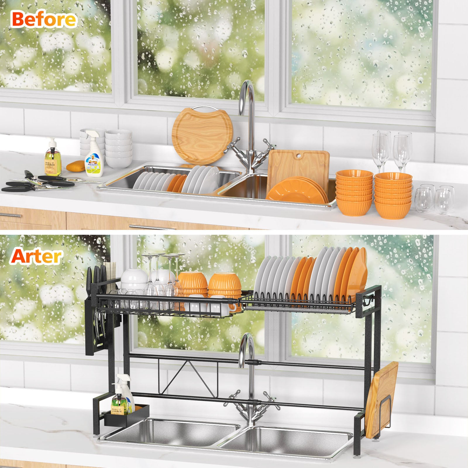 Over The Sink Dish Drying Rack, 2 Tiers Stainless Steel Dish Racks For Kitchen Counter, Large Dish Drainer With Utensil Holder, Cutting Board Holder, Kitchen Drying Rack-Black Storages & Racks kitchen kitchen racks plates rack shelf sink organizer sink storage