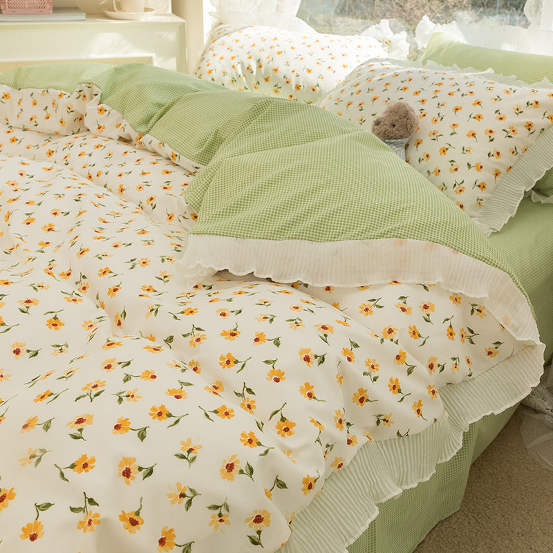 Washed Cotton Small Floral Quilt Cover, Four Piece Bed Sheet Set Xiaomei Is So Green Bed Sheets bed sheet bed sheet set cotton towels duvet cover floral home