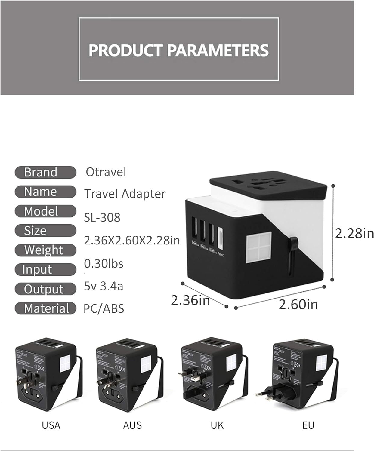 3 USB 1 Typc C International Power Travel Adapter Adapters & Converters accessories adapter c type electronics travel USB