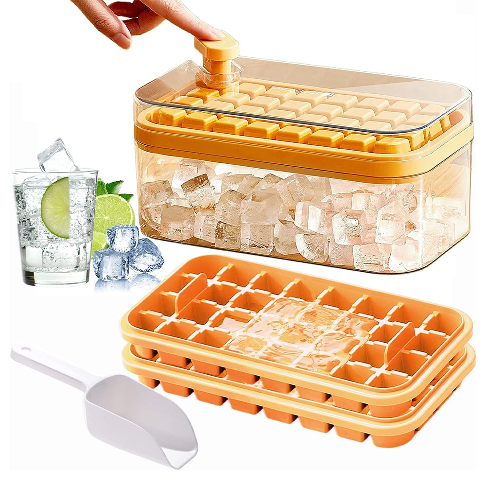 2 Layers One-Button Easy Release 64 pcs Ice Cube Tray Orange Ice Cube Trays easy release fridge fridge box Home Appliances ice cube tray kitchen push button