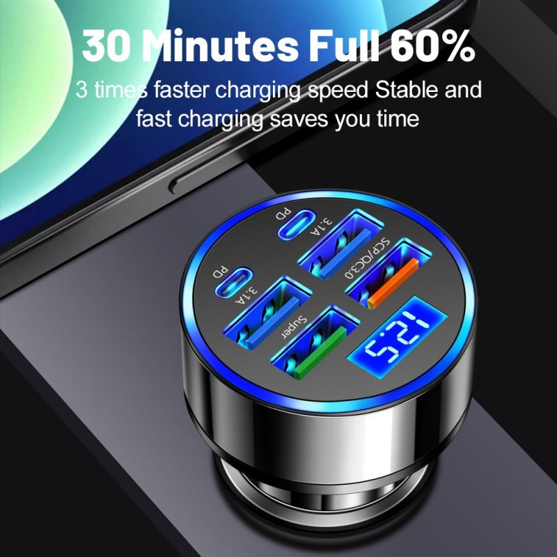 Six-in-One Ultra-Fast Car Charger - 27W Multi-Port Digital Display | USB & PD Ports for Cars, Trucks & Buses Mobile chargers for cars car charger for multiple devices car charger with digital display Dual USB Car Charger Fast Charging Car Charger long journey car charger long travel car charger Multi-Port Car Charger New arrival PD Car Charger six-port car charger ultra-fast car charger USB Car Charger vehicle mobile charger {{ product_collections }} {{ product_description }}