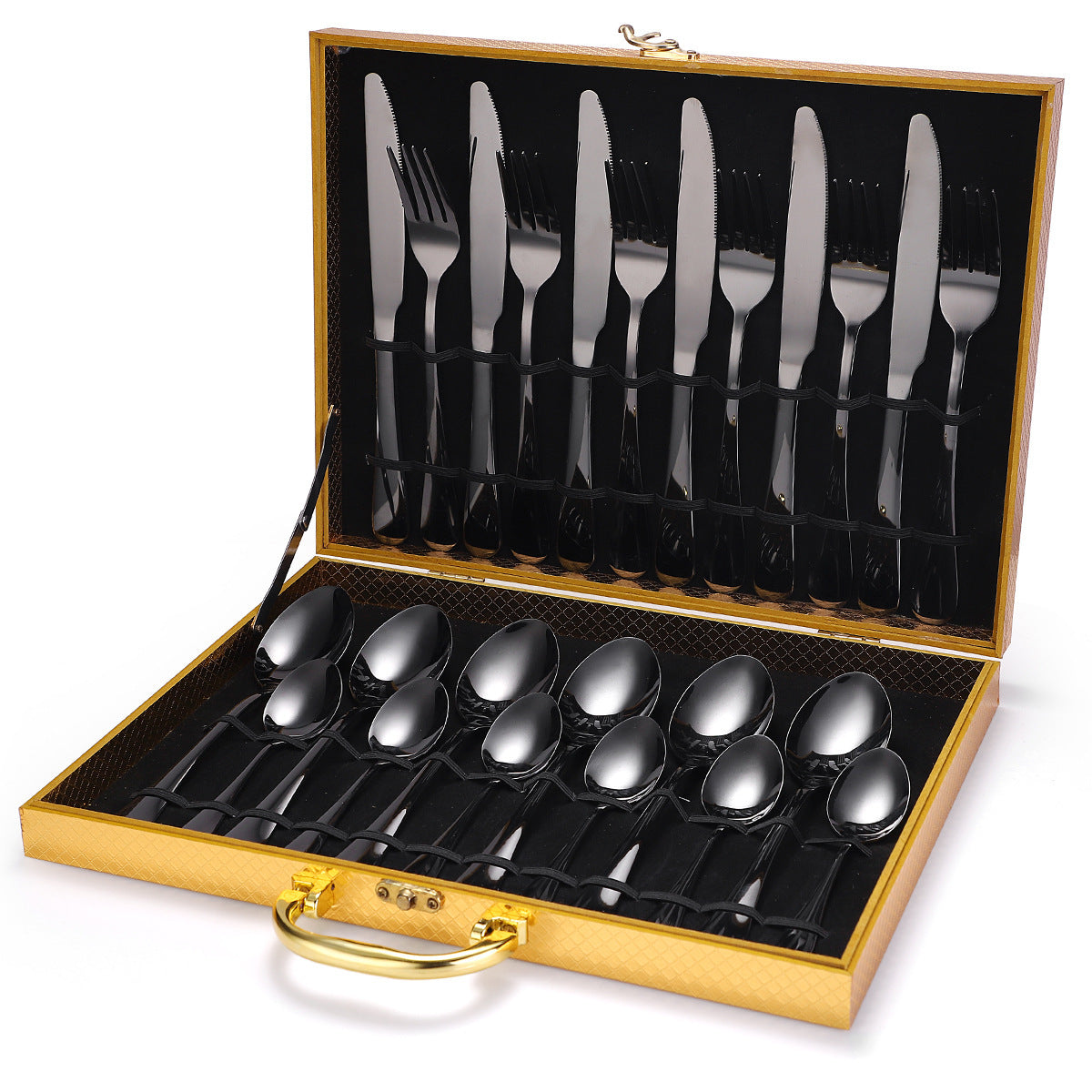 24 Pcs Cutlery Set Black set wood box Cutlery Set cutlery set dinnerware dinning table fork home knife premium spoon tableware