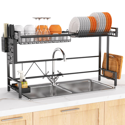 Over The Sink Dish Drying Rack, 2 Tiers Stainless Steel Dish Racks For Kitchen Counter, Large Dish Drainer With Utensil Holder, Cutting Board Holder, Kitchen Drying Rack-Black DR233 Storages & Racks kitchen kitchen racks plates rack shelf sink organizer sink storage