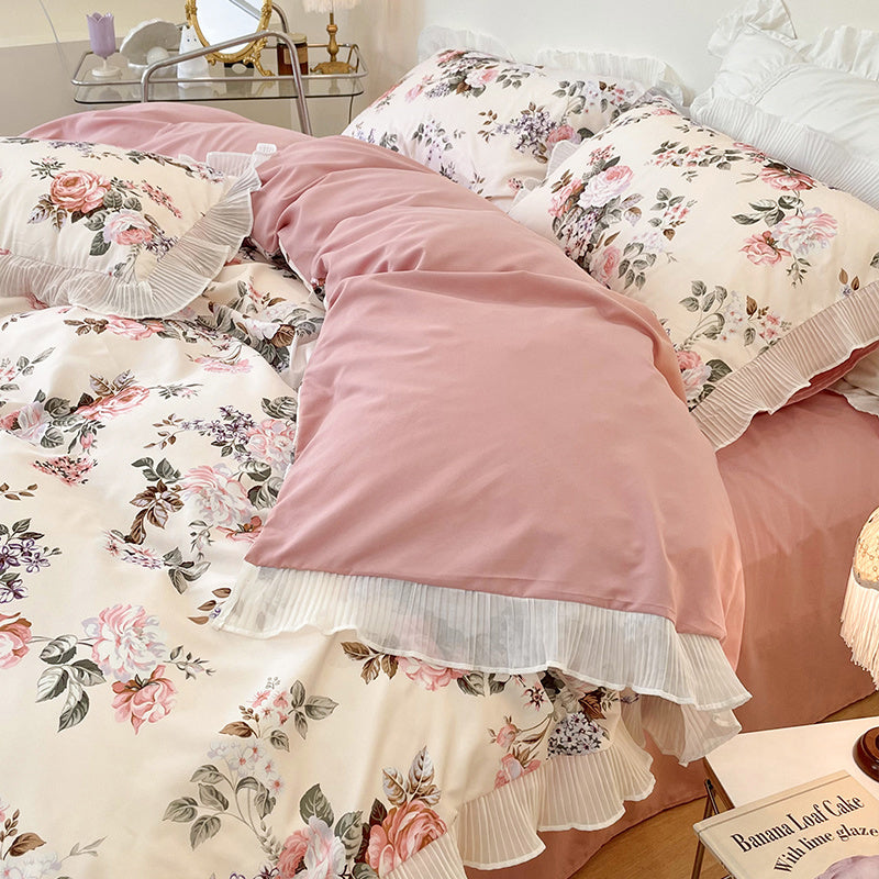 Washed Cotton Small Floral Quilt Cover, Four Piece Bed Sheet Set Datura Flower Bed Sheets bed sheet bed sheet set cotton towels duvet cover floral home