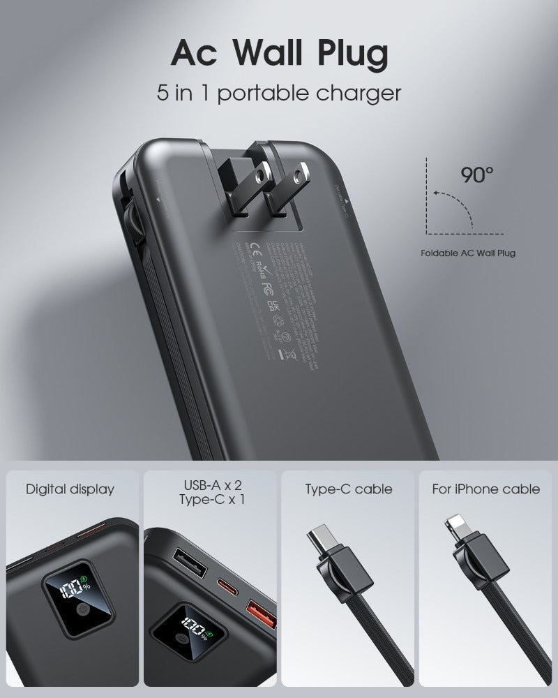 12000 mAh Portable Power Bank – Charge 5 Devices, Built-in Wall Plug and Cable, Universal Compatibility Power banks easy to carry fast charging New arrival portable power bank slim and sleek USB wired {{ product_collections }} {{ product_description }}