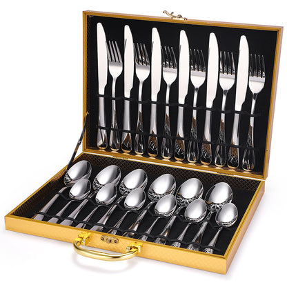 24 Pcs Cutlery Set Silver set wood box Cutlery Set cutlery set dinnerware dinning table fork home knife premium spoon tableware