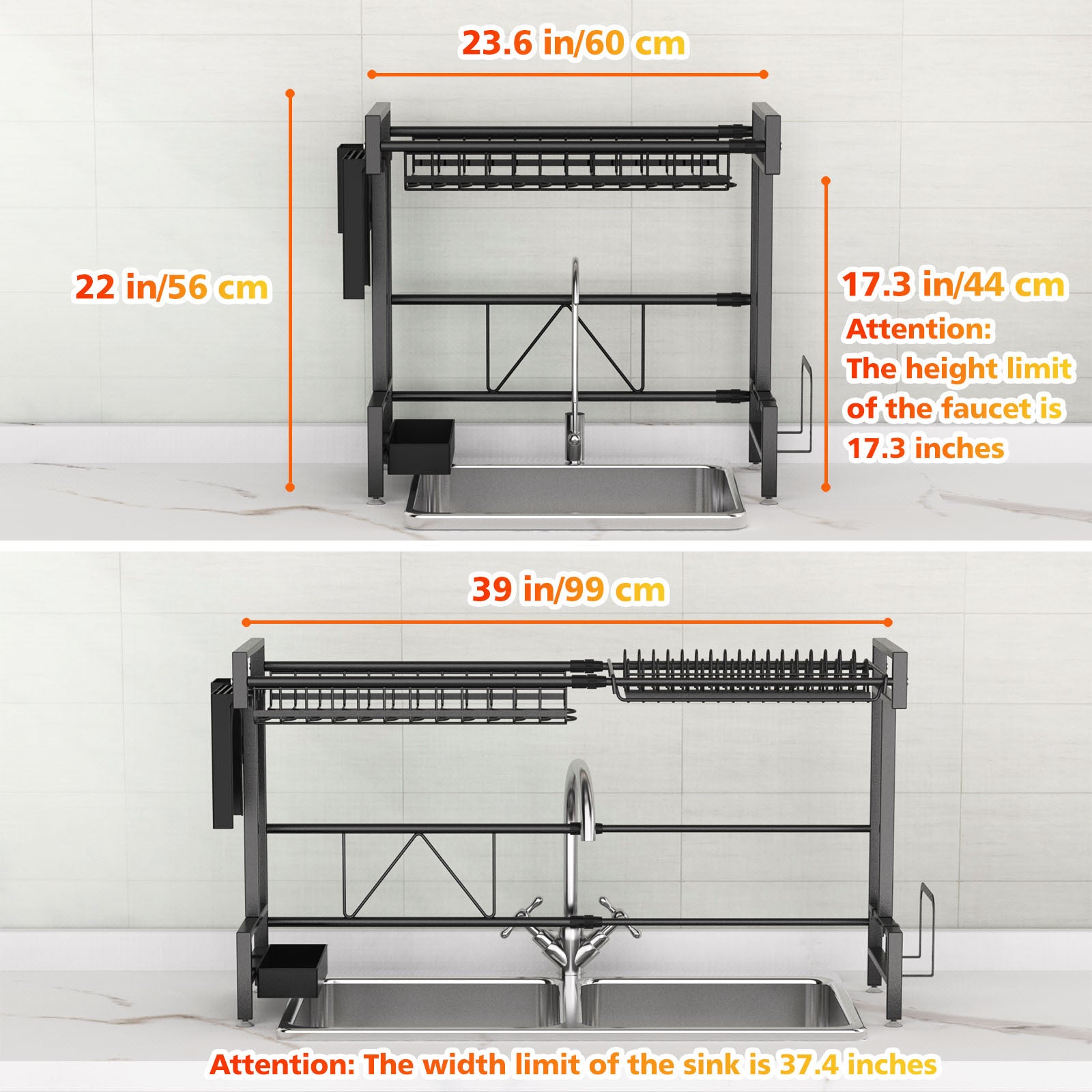 Over The Sink Dish Drying Rack, 2 Tiers Stainless Steel Dish Racks For Kitchen Counter, Large Dish Drainer With Utensil Holder, Cutting Board Holder, Kitchen Drying Rack-Black Storages & Racks kitchen kitchen racks plates rack shelf sink organizer sink storage