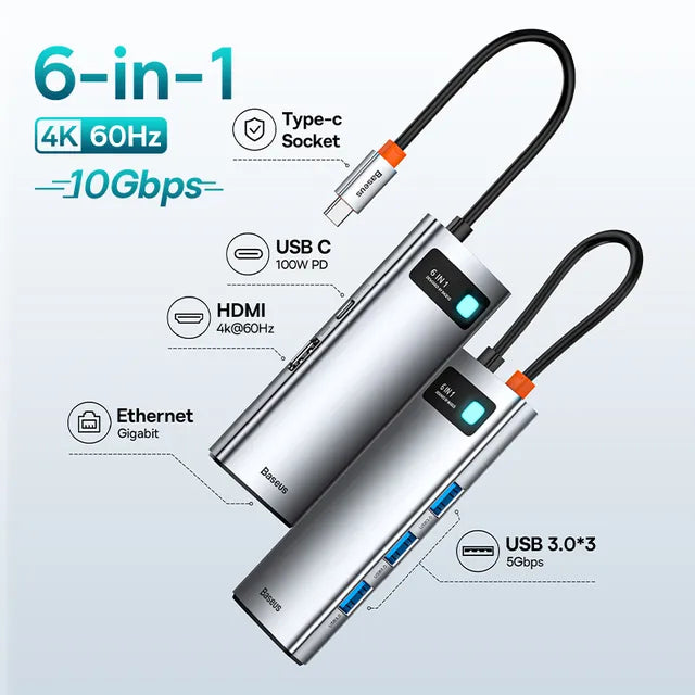 10Gbps USB C Hub 6 in1 60Hz 3.0 Computer Table & Accessories 4k connection port 6 in 1 ports for data transfer and charging computer table accessories electronics electronics accessories USB port hub for computer table