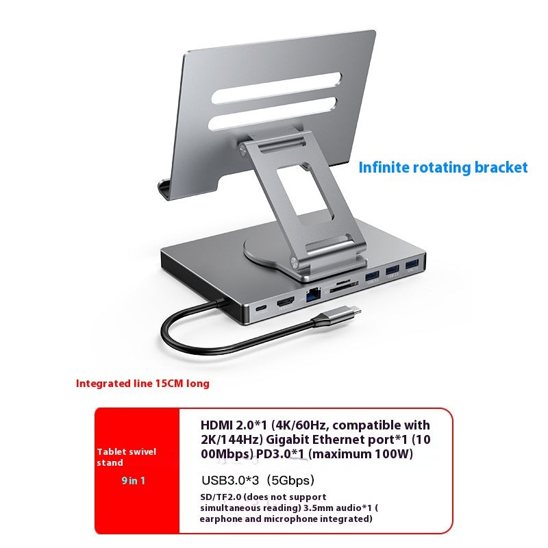 Flat Rotating Bracket Type-c Extension Converter, Docking station Rotating Tablet Bracket 9in1 Docking Station accessories adapter converter docking station electronics ipad iPhone Laptop Laptops and Tablets mobile phone multi ports tablets