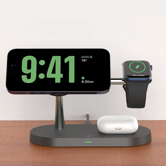 3 In 1 Wireless Magnetic Charger Stand | Fast & Safe Charging | Sleek Space-Saving Design Wireless Chargers 3 in 1 air pods apple watch clock fast charger iphone light indication magnetic magsafe New arrival table clockdigital wireless charger {{ product_collections }} {{ product_description }}