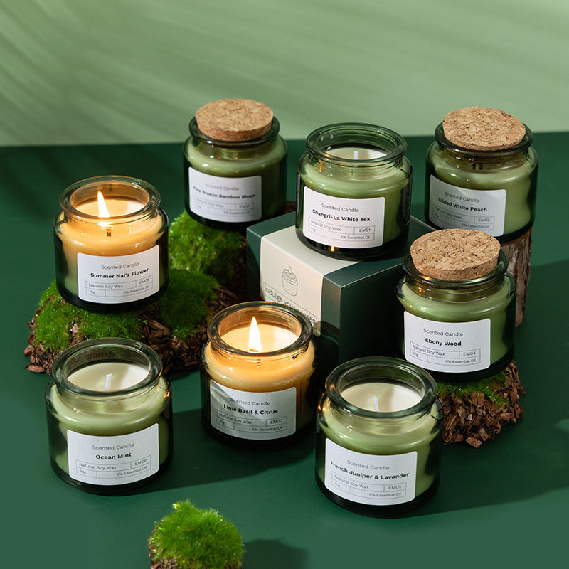 Wood Stoppered Green Glass Soy Wax Scented Candle Candles candle decor home scented candles