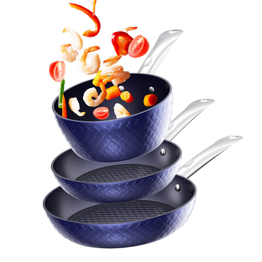 Frying Pan Sets Non Stick 3Pieces Blue 3D Diamond Cookware default