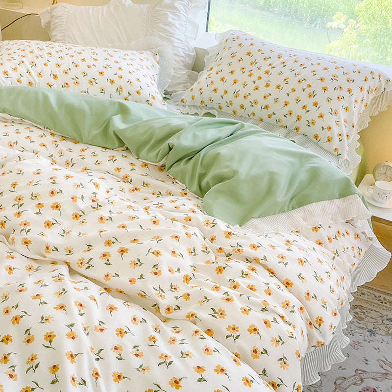 Washed Cotton Small Floral Quilt Cover, Four Piece Bed Sheet Set Shallow Summer Bed Sheets bed sheet bed sheet set cotton towels duvet cover floral home