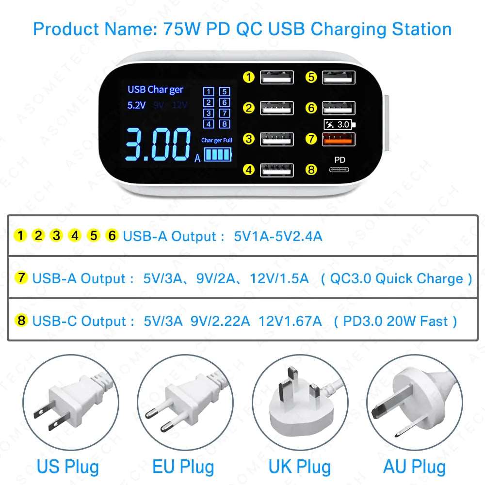 8/4-Port LED Display USB Charger Quick Charge Adapters & Converters 8/4-Port LED Display USB Charger Quick Charge electronics electronics accessories led display 8 port fast charger