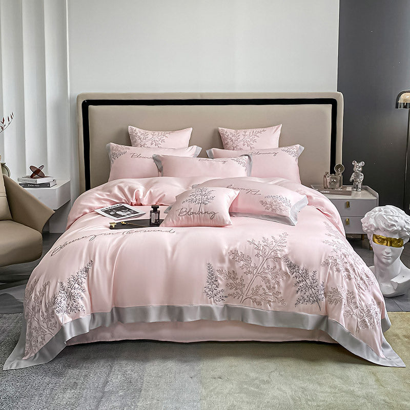 High-end Embroidered Lyocell Fiber Bed Sheet Four-piece Set Cherry Blossom Pink Bed Sheets bed sheet bed sheet set duvet cover home living room