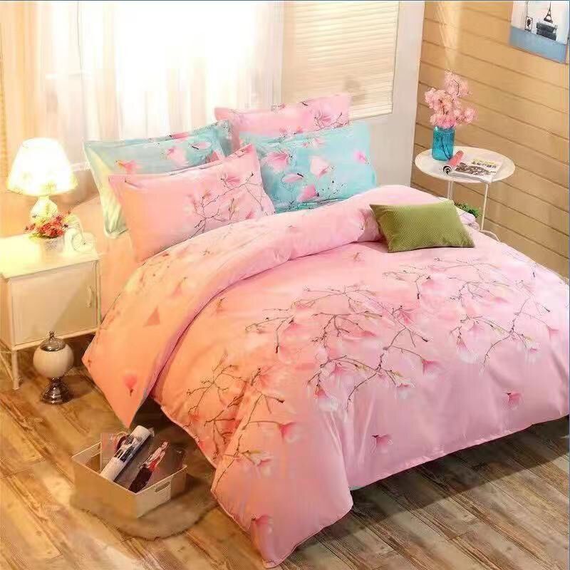 Four-piece Set Duvet Cover One-piece Single Double Thick Bed Sheet Three-piece Set Flower Full Of Pink Bed Sheets bed sheet bedding duvet cover home modal fiber quilt cover