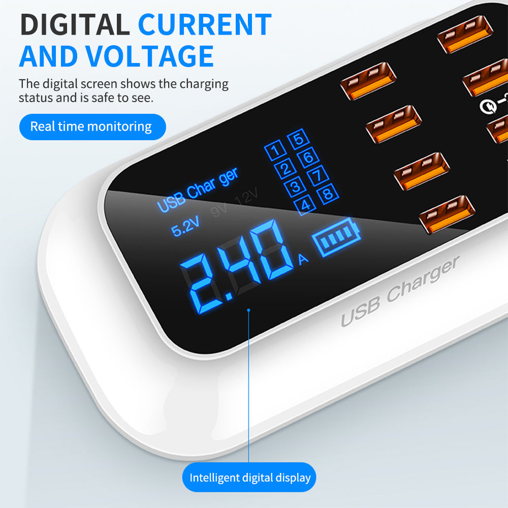 Fast Charge Smart Multi-USB Mobile Phone & Tablet Charger | QC3.0 & Type-C | Digital Display, 40W Power Multiport hub Digital Display USB Charger Fast Charge Multi-USB Charger New arrival QC3.0 Charger Smart Mobile Phone Charger Tablet Fast Charger Type-C Fast Charger {{ product_collections }} {{ product_description }}