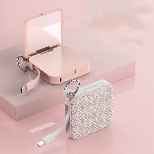 Mini Keychain Comes With Wire Diamond-encrusted Beauty Mirror Mobile Charging Bank Power Banks C type cable electronics key chain portable power bank