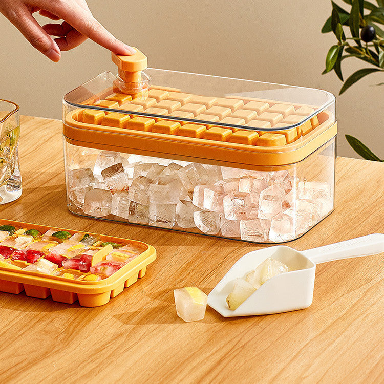 One-button Press Type Ice Mold Box Plastics Ice Cube Maker Ice Tray Mold With Storage Box With Lid Bar Kitchen Accessories Yellow Set Single Layer Ice Cube Trays beat the heat ice cube tray One Touch Release