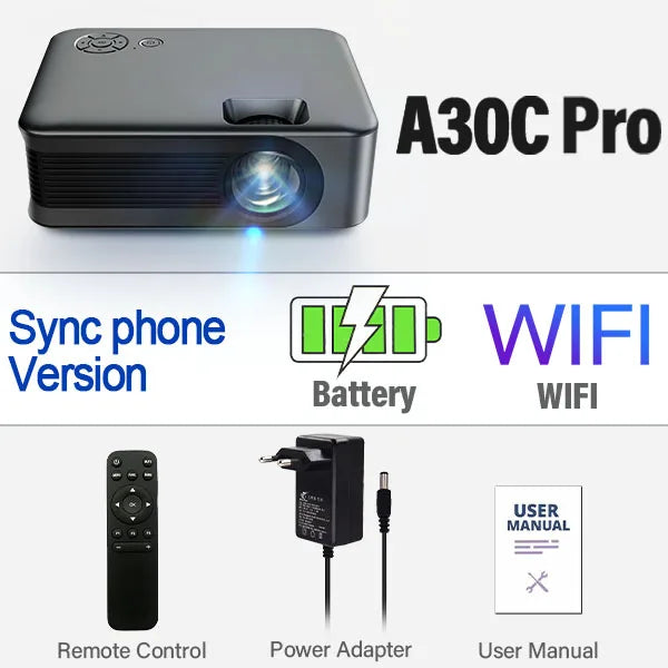 A30C Pro MINI Projector A30C Pro UK Plug Projectors A30C Pro MINI Projector compatible projector with audio and mobile devices electronics HD projector Portable Projector Small projector rechargeable and portable HD projector video video devices videos