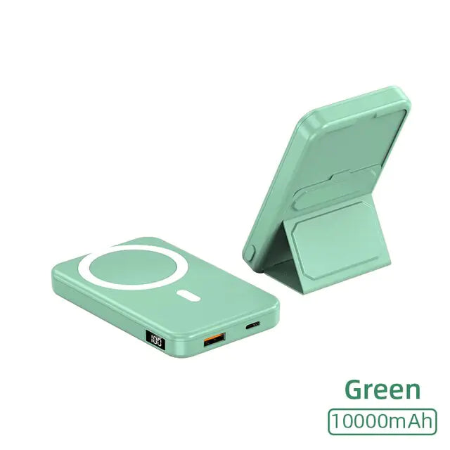 Wireless Magnetic Power Bank with Stand | 10000mAh | High-Speed Charging On-the-Go Green (10000mah)110.1*68.4*17.4mm, (5000mah)95*63*13mm Wireless Power Banks apple charger fast charger iphone magnetic magsafe mobile phone pads pocket portable power bank premium qireless stand table {{ product_collections }} {{ product_description }}