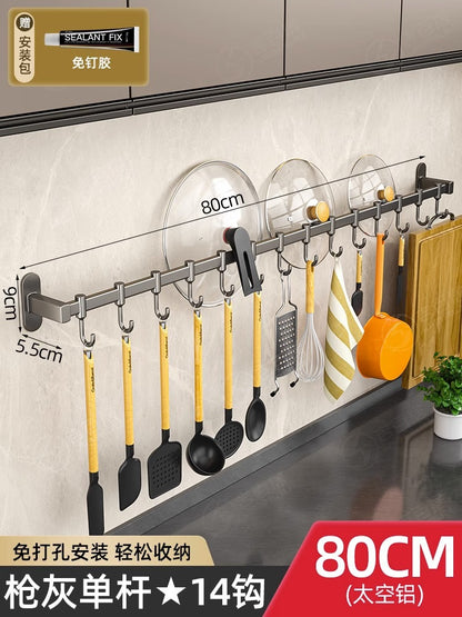 kitchen hook rack, punch-free wall-mounted rack, space aluminum hook, multi-functional storage row hook Storages & Racks home hooks Kitchen kitchen racks racks