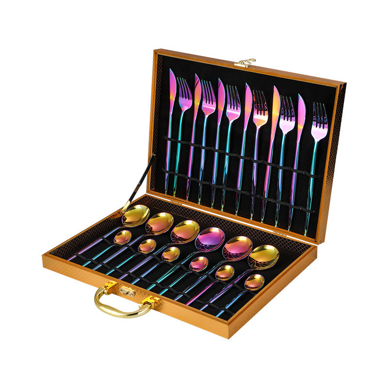 Stainless steel cutlery Portugal gold-plated cutlery set golden wooden box 24-piece cutlery gift box Rainbow Cutlery Set cutlery set dinner dinner set dinning table flatware for home kitchen knife premium spoon stainless steel