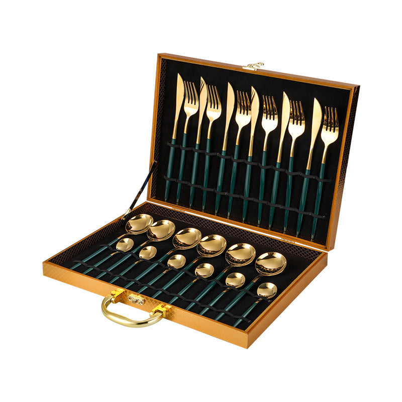 Stainless steel cutlery Portugal gold-plated cutlery set golden wooden box 24-piece cutlery gift box Green gold Cutlery Set cutlery set dinner dinner set dinning table flatware for home kitchen knife premium spoon stainless steel