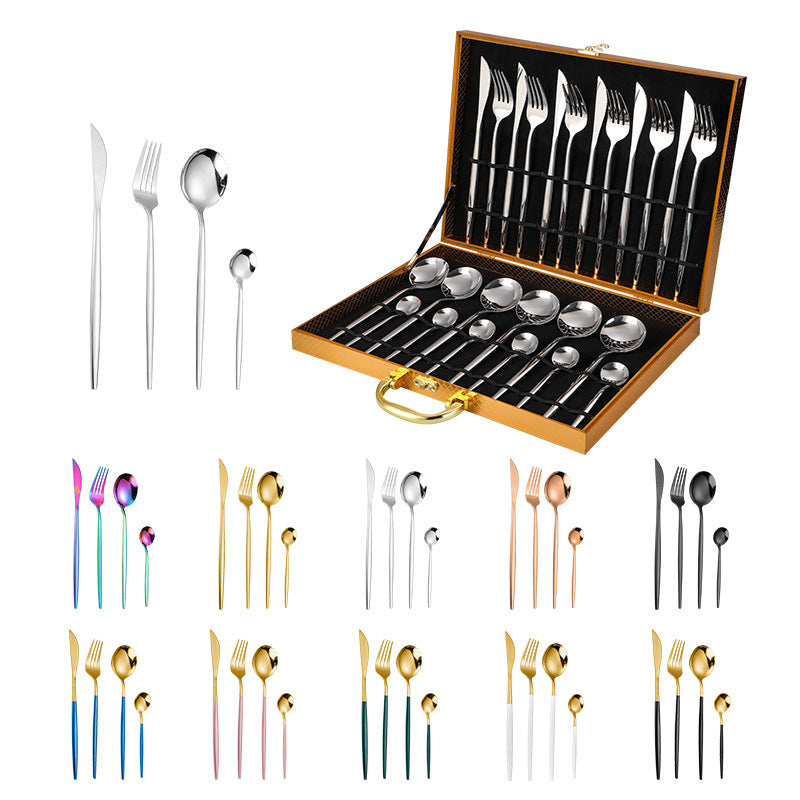 Stainless steel cutlery Portugal gold-plated cutlery set golden wooden box 24-piece cutlery gift box Cutlery Set cutlery set dinner dinner set dinning table flatware for home kitchen knife premium spoon stainless steel