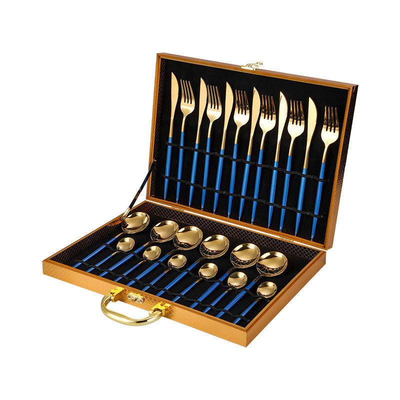 Stainless steel cutlery Portugal gold-plated cutlery set golden wooden box 24-piece cutlery gift box Blue gold Cutlery Set cutlery set dinner dinner set dinning table flatware for home kitchen knife premium spoon stainless steel