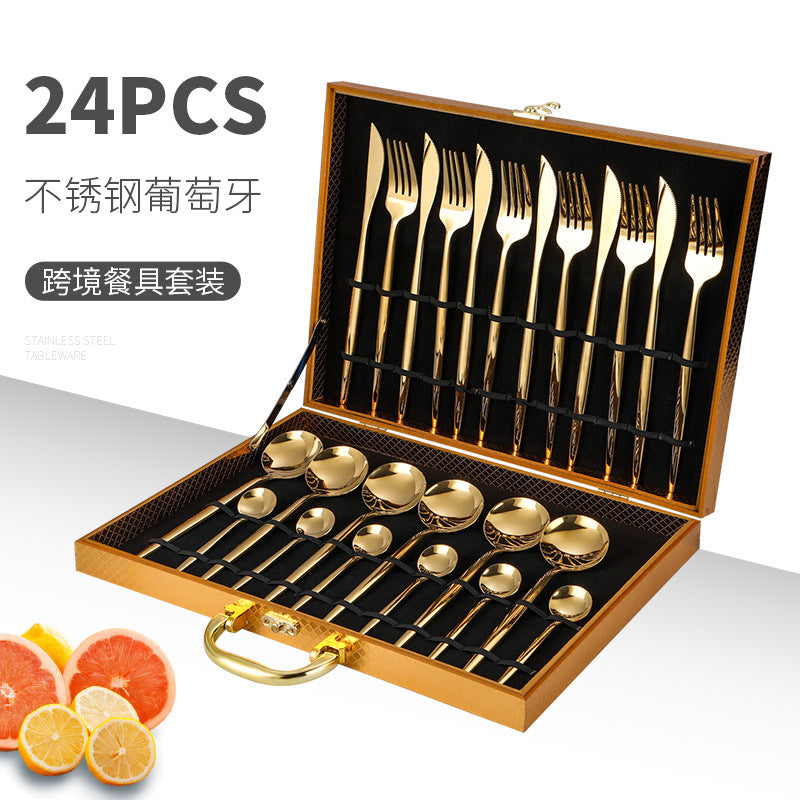 Stainless steel cutlery Portugal gold-plated cutlery set golden wooden box 24-piece cutlery gift box Cutlery Set cutlery set dinner dinner set dinning table flatware for home kitchen knife premium spoon stainless steel