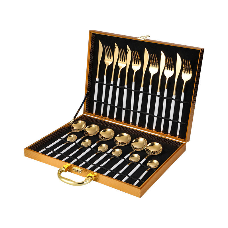 Stainless steel cutlery Portugal gold-plated cutlery set golden wooden box 24-piece cutlery gift box White gold Cutlery Set cutlery set dinner dinner set dinning table flatware for home kitchen knife premium spoon stainless steel