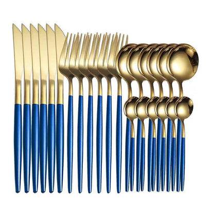 Stainless steel knife and fork spoon 16/24 pieces set tableware steak western food knife and fork spoon set (Gold + Blue) 24-piece set Cutlery Set