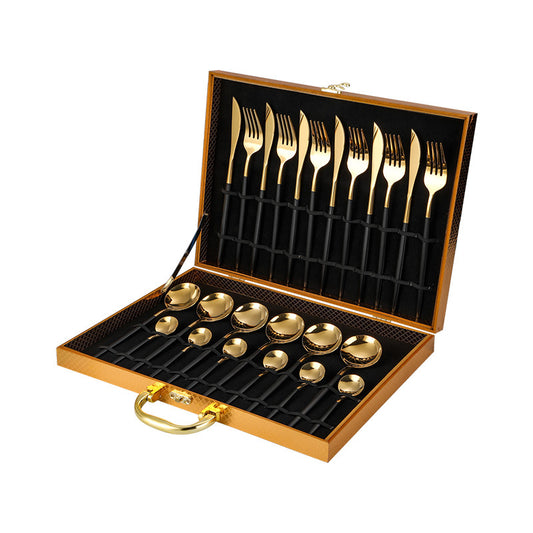 Stainless steel cutlery Portugal gold-plated cutlery set golden wooden box 24-piece cutlery gift box Black gold Cutlery Set cutlery set dinner dinner set dinning table flatware for home kitchen knife premium spoon stainless steel