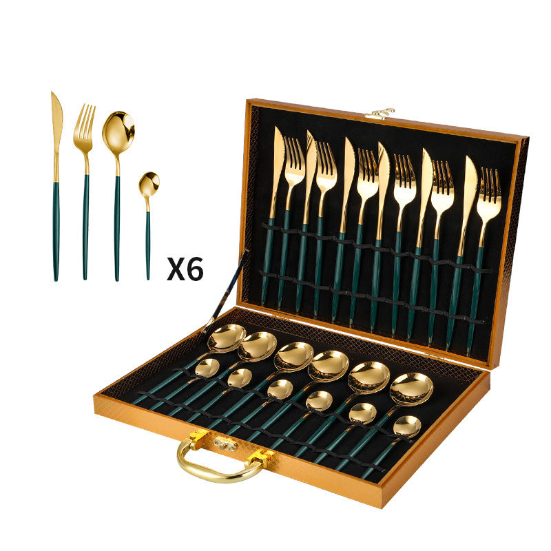 Stainless steel cutlery Portugal gold-plated cutlery set golden wooden box 24-piece cutlery gift box Cutlery Set cutlery set dinner dinner set dinning table flatware for home kitchen knife premium spoon stainless steel