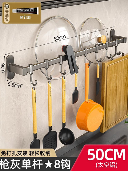 kitchen hook rack, punch-free wall-mounted rack, space aluminum hook, multi-functional storage row hook Storages & Racks home hooks Kitchen kitchen racks racks