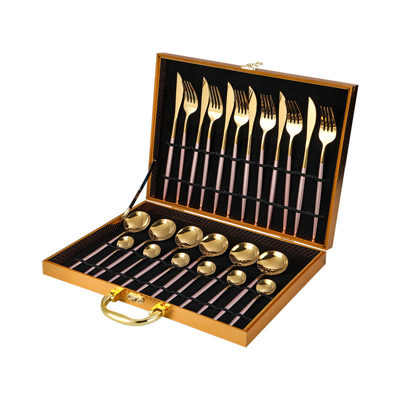 Stainless steel cutlery Portugal gold-plated cutlery set golden wooden box 24-piece cutlery gift box Pink gold Cutlery Set cutlery set dinner dinner set dinning table flatware for home kitchen knife premium spoon stainless steel