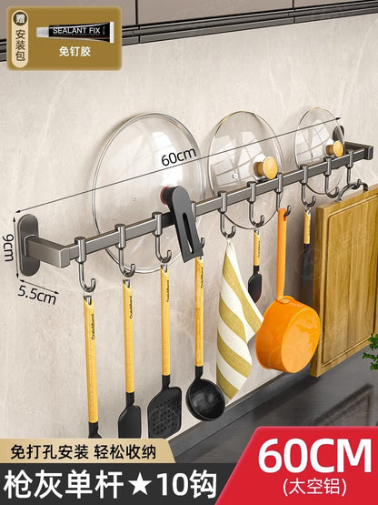 kitchen hook rack, punch-free wall-mounted rack, space aluminum hook, multi-functional storage row hook Storages & Racks home hooks Kitchen kitchen racks racks