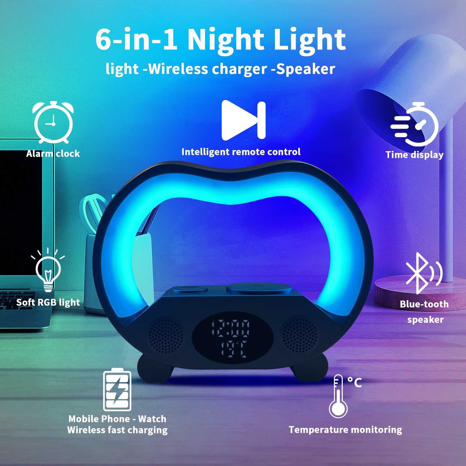 New 6 In 1 Smart Remote Control Bluetooth Ambience Intelligent LED Table Lamp Multi-function Wireless Charger Night Light Bluetooth Speaker Lights & Lamps decor home lights remote lamp RGB lamp table lamp