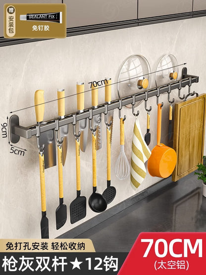 kitchen hook rack, punch-free wall-mounted rack, space aluminum hook, multi-functional storage row hook Storages & Racks home hooks Kitchen kitchen racks racks