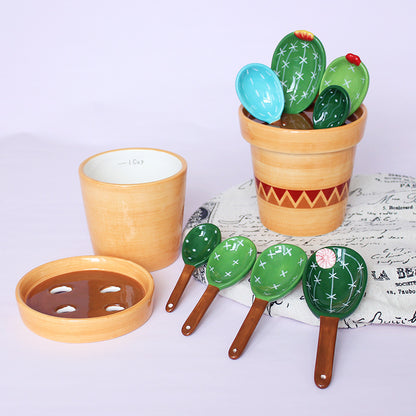 Creative cactus ceramic measuring spoon baking scale measuring spoon home kitchen ceramic salt sugar small spoon with base Cutlery Set Ceramic children cutlery set dinner dinning table home kids kitchen measuring spoon