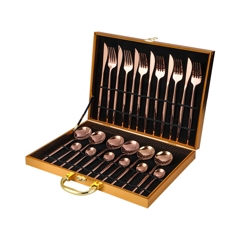 Stainless steel cutlery Portugal gold-plated cutlery set golden wooden box 24-piece cutlery gift box Rose gold Cutlery Set cutlery set dinner dinner set dinning table flatware for home kitchen knife premium spoon stainless steel