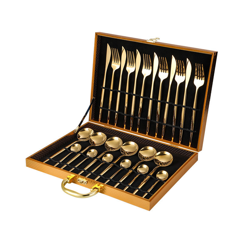 Stainless steel cutlery Portugal gold-plated cutlery set golden wooden box 24-piece cutlery gift box Gold Cutlery Set cutlery set dinner dinner set dinning table flatware for home kitchen knife premium spoon stainless steel