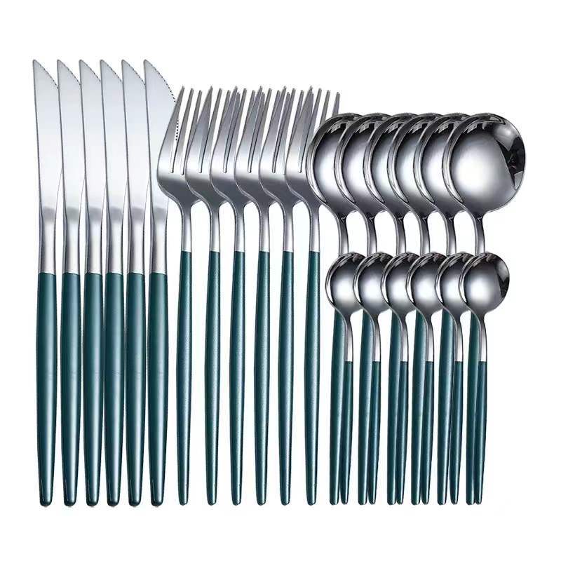 Stainless steel knife and fork spoon 16/24 pieces set tableware steak western food knife and fork spoon set (Silver + Green) 24-piece set Cutlery Set