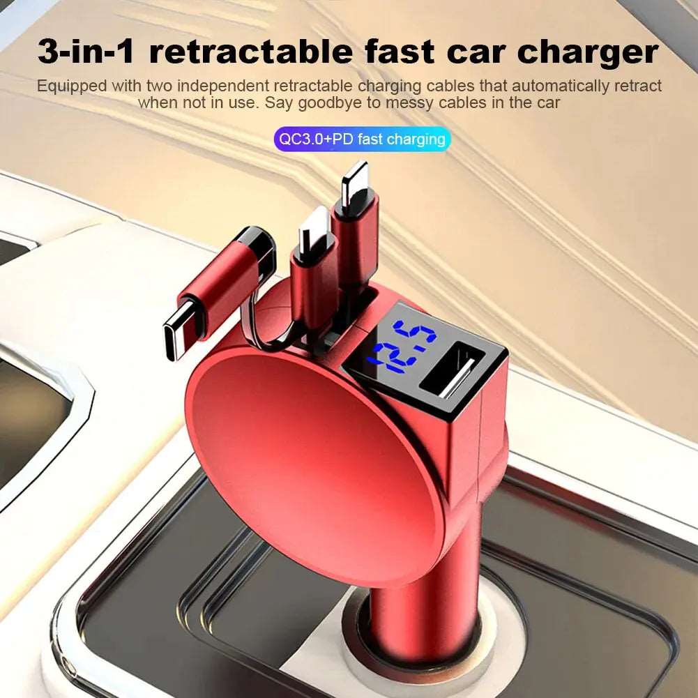 100W 3 IN 1 Retractable Car Charger USB Type C Cable Red Adapters & Converters electronics electronics accessories fast charger retractable charger super fast mobile charger for car lighter