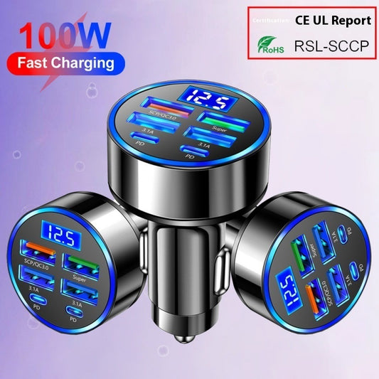 Six-in-One Ultra-Fast Car Charger - 27W Multi-Port Digital Display | USB & PD Ports for Cars, Trucks & Buses Mobile chargers for cars car charger for multiple devices car charger with digital display Dual USB Car Charger Fast Charging Car Charger long journey car charger long travel car charger Multi-Port Car Charger New arrival PD Car Charger six-port car charger ultra-fast car charger USB Car Charger vehicle mobile charger {{ product_collections }} {{ product_description }}