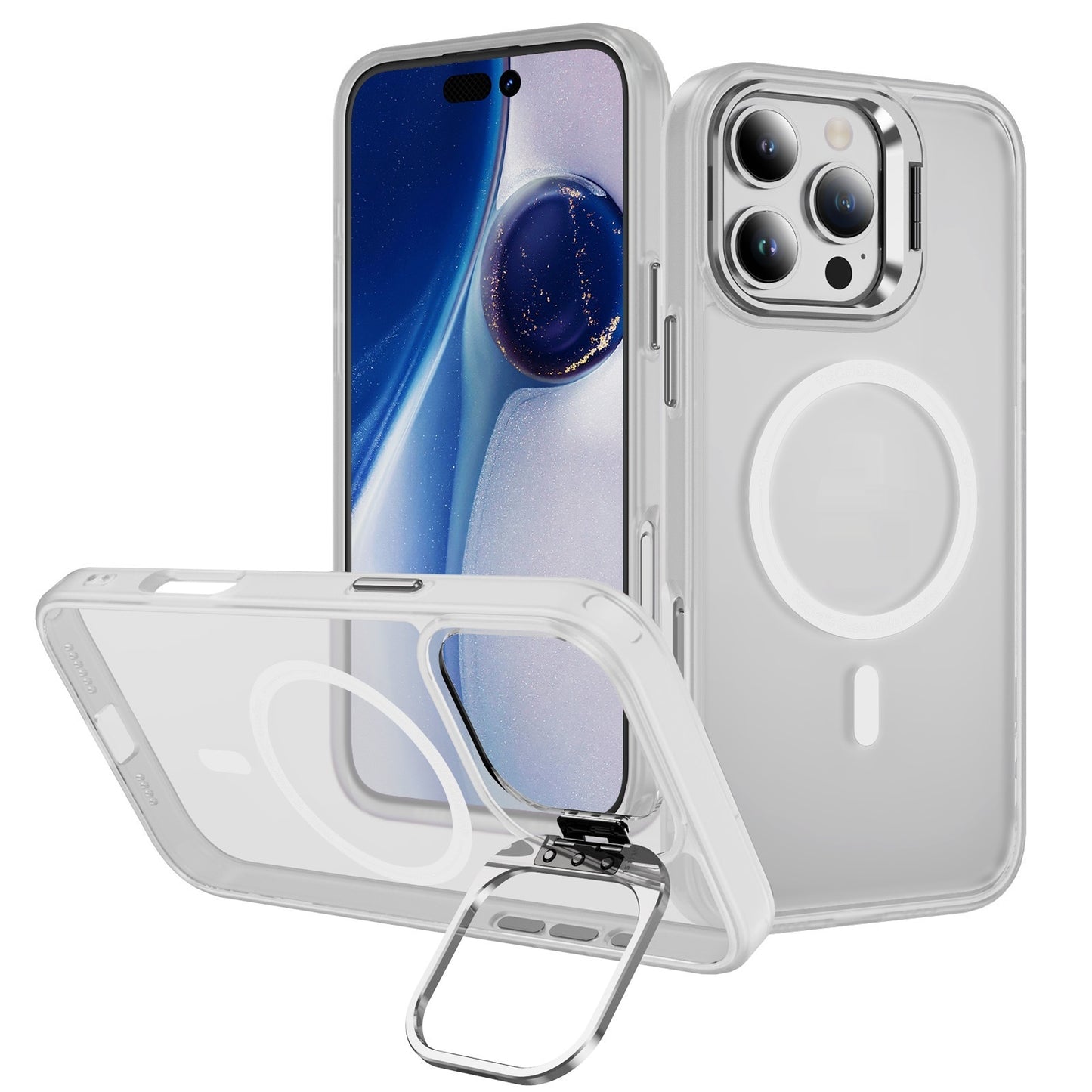 Magnetic Phone Case Lens Bracket Phone Case Transparent Color iPhone cases brand new iPhone case megsafe metallic plastic stand stylish {{ product_collections }} {{ product_description }}